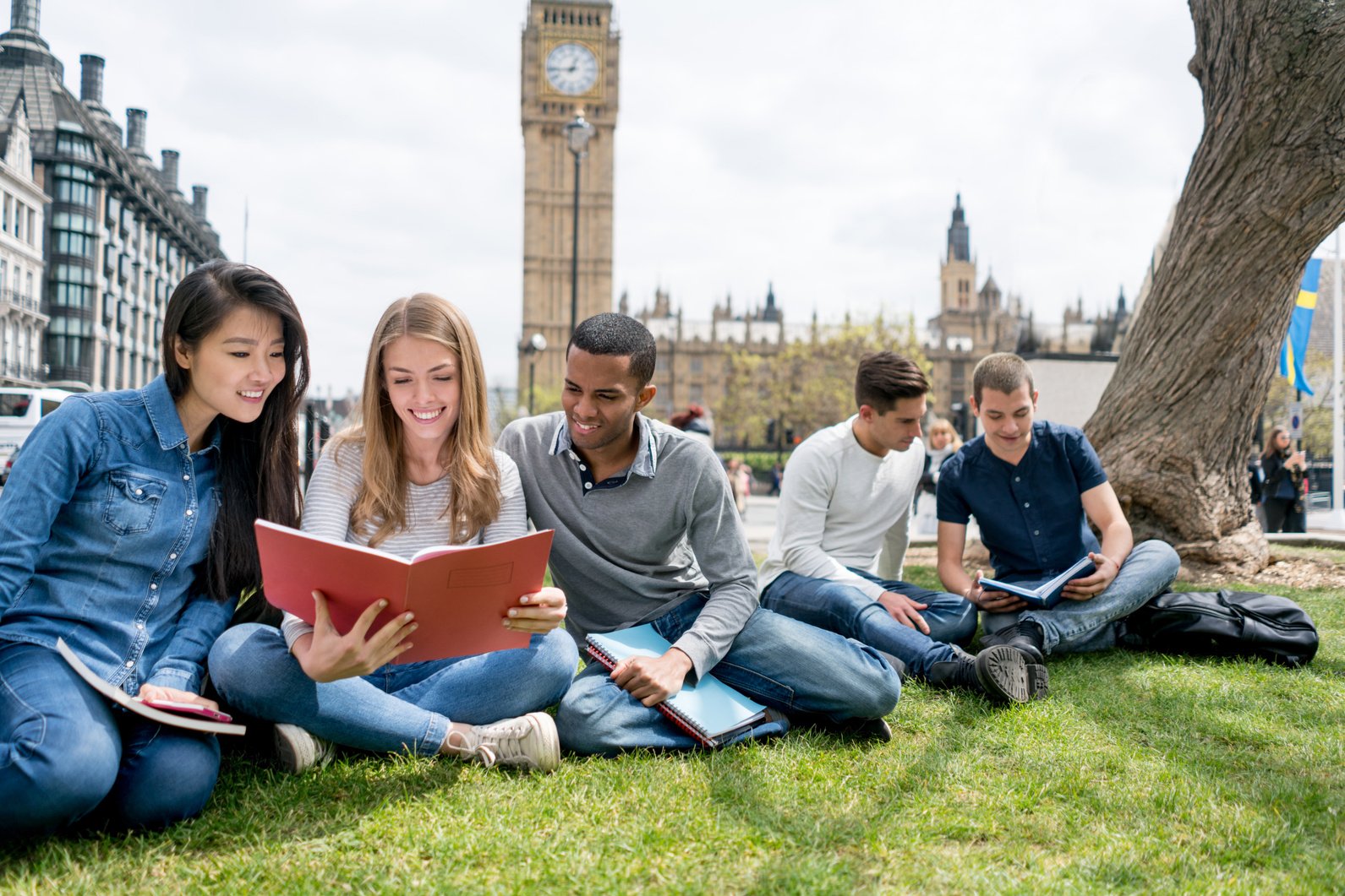 Happy group of exchange students in London